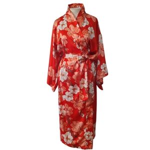 Natori Private Luxuries Magnolia Red Floral Kimono Oriental Robe  Large